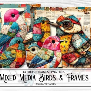 Op de afbeelding: Een digitale kunstprint met zes kleurrijke mixed media vogels met ingewikkelde patchwork-ontwerpen. De vogels zijn in tinten roze, blauw, geel en oranje, tegen een achtergrond van vintage papier en stof. De tekst luidt "Mixed Media Birds & Frames".