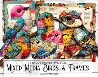 Mixed media Birds, Grunge Patchwork Birds, Mixed media Frames, Digital Embellishments, Journal Ephemera, PNG Clipart