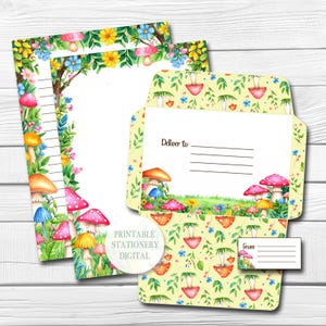 Conjunto de papelaria digital Mushroom Forest, papel para anotações, envelope, elementos, conjunto de cartas para impressão, download instantâneo, folha de instruções, A4/Carta