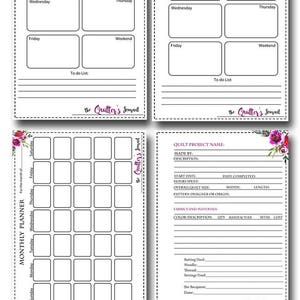 May include: Printable planner pages for quilters with floral designs. The pages include daily, weekly, and monthly planners, as well as a quilt project planner.