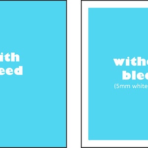 May include: Two blue squares side-by-side. The left square says "with bleed" in white text. The right square says "without bleed (5mm white border)" in white text.