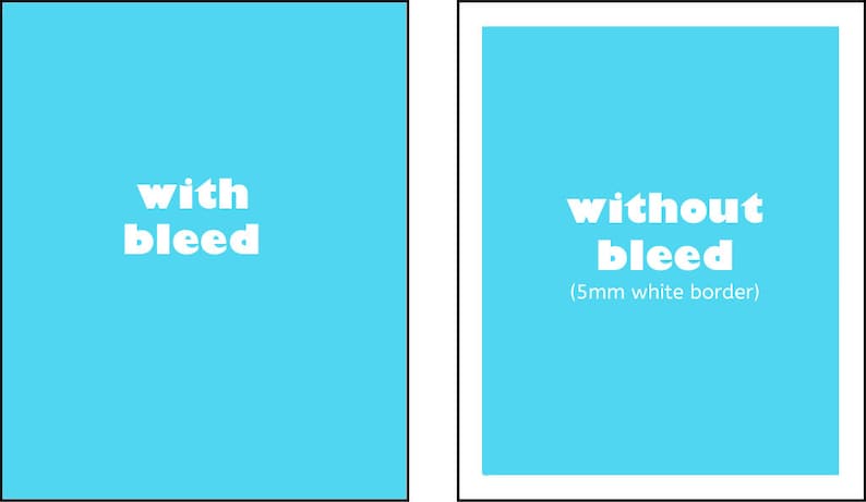 May include: Two blue squares side-by-side. The left square says "with bleed" in white text. The right square says "without bleed (5mm white border)" in white text.
