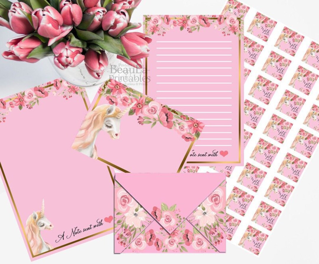Pink Unicorn Stationery Printable Unicorn Stationery Unicorn Envelope ...