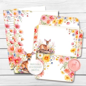 Conjunto de papelaria digital Spring Forest, papel para anotações, envelope, elementos, conjunto de cartas para impressão, download instantâneo, folha de instruções, A4/Carta