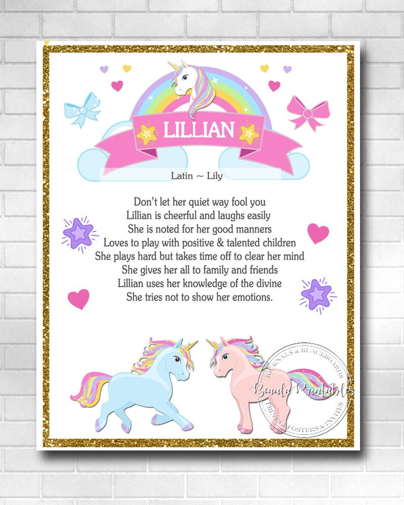 Name Meaning Print, Unicorn and Rainbows, Custom Name Meaning Printable