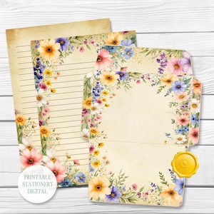 Conjunto de papelaria digital Spring Flowers, papel para anotações, envelope, elementos, conjunto de cartas para impressão, download instantâneo, folha de instruções, A4/Carta