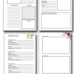 May include: A printable quilting journal with floral designs. The journal includes sections for swatches, materials, design, notes, supplier list, quilt name, date started, date completed, source book or pattern, finished size, quilted by, created for, fabrics and supplies, sketches and photos.