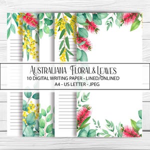 Conjunto de papel para anotações com estampa floral e folhas australianas, papelaria digital, pautado/sem pauta, tamanho A4 e carta dos EUA, JPEG, conjunto com 10, para impressão