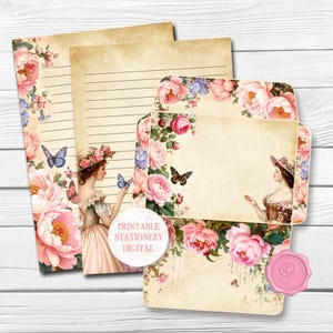Conjunto de papelaria digital Rose Garden, papel para anotações, envelope, elementos, conjunto de cartas para impressão, download instantâneo, folha de instruções, A4/Carta