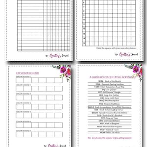 May include: A printable quilting journal with pages for tracking projects, color schemes, and a glossary of quilting acronyms. The journal has a floral design and the text "The Quilter's Journal".