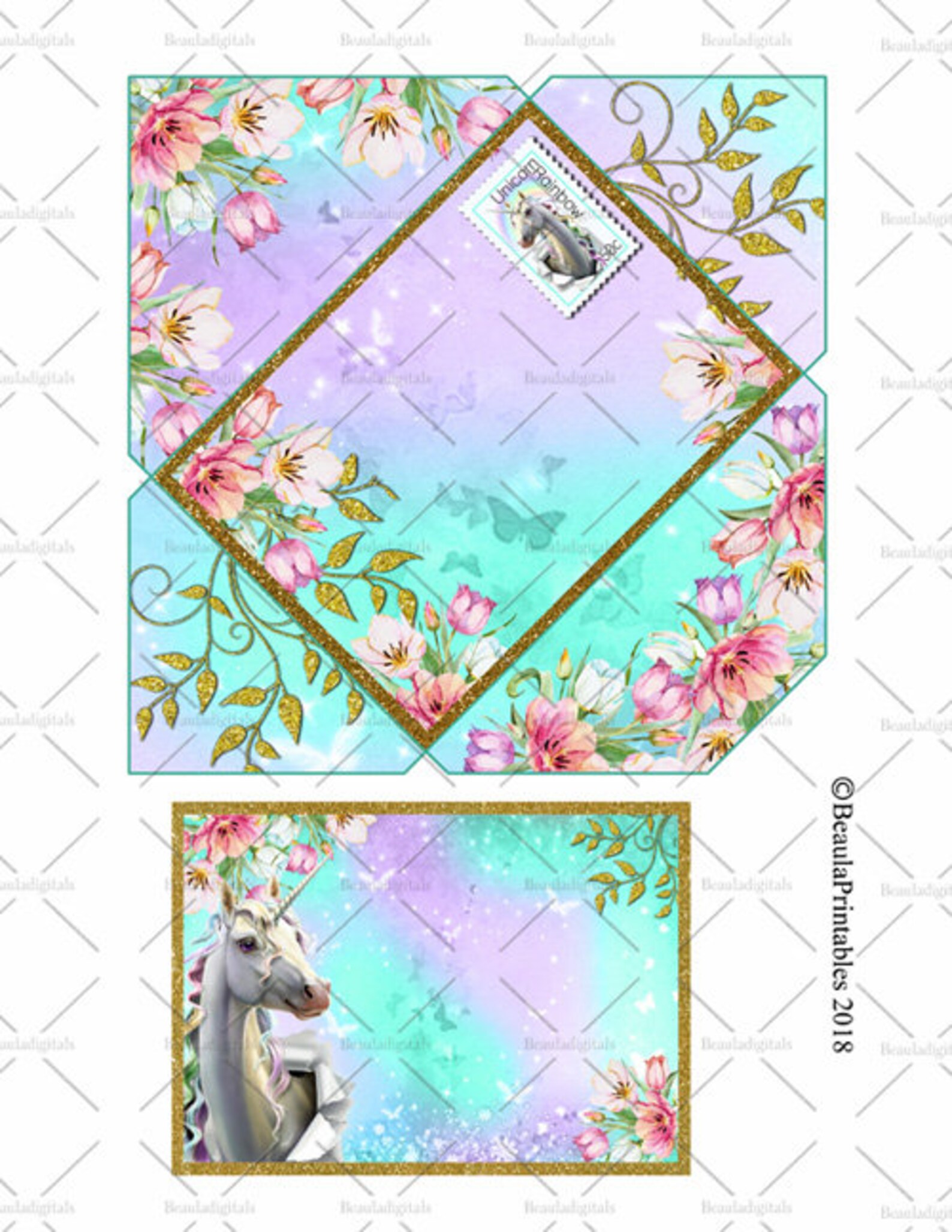 Unicorn Envelope and Card Printable Unicorn Envelope Unicorn Rainbow Envelope Unicorn Stationery ...