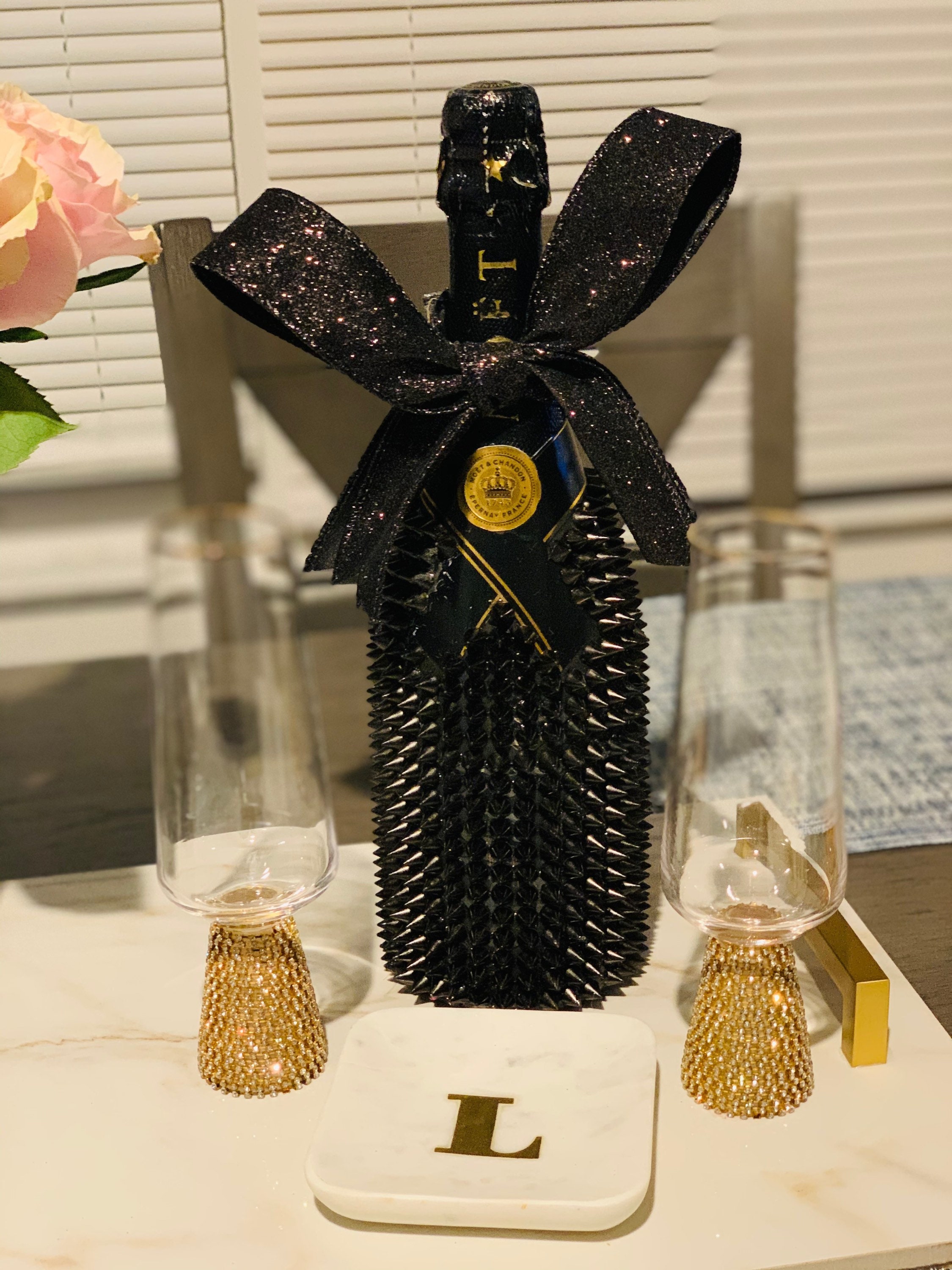 Custom studded liquor bottle. Etsy