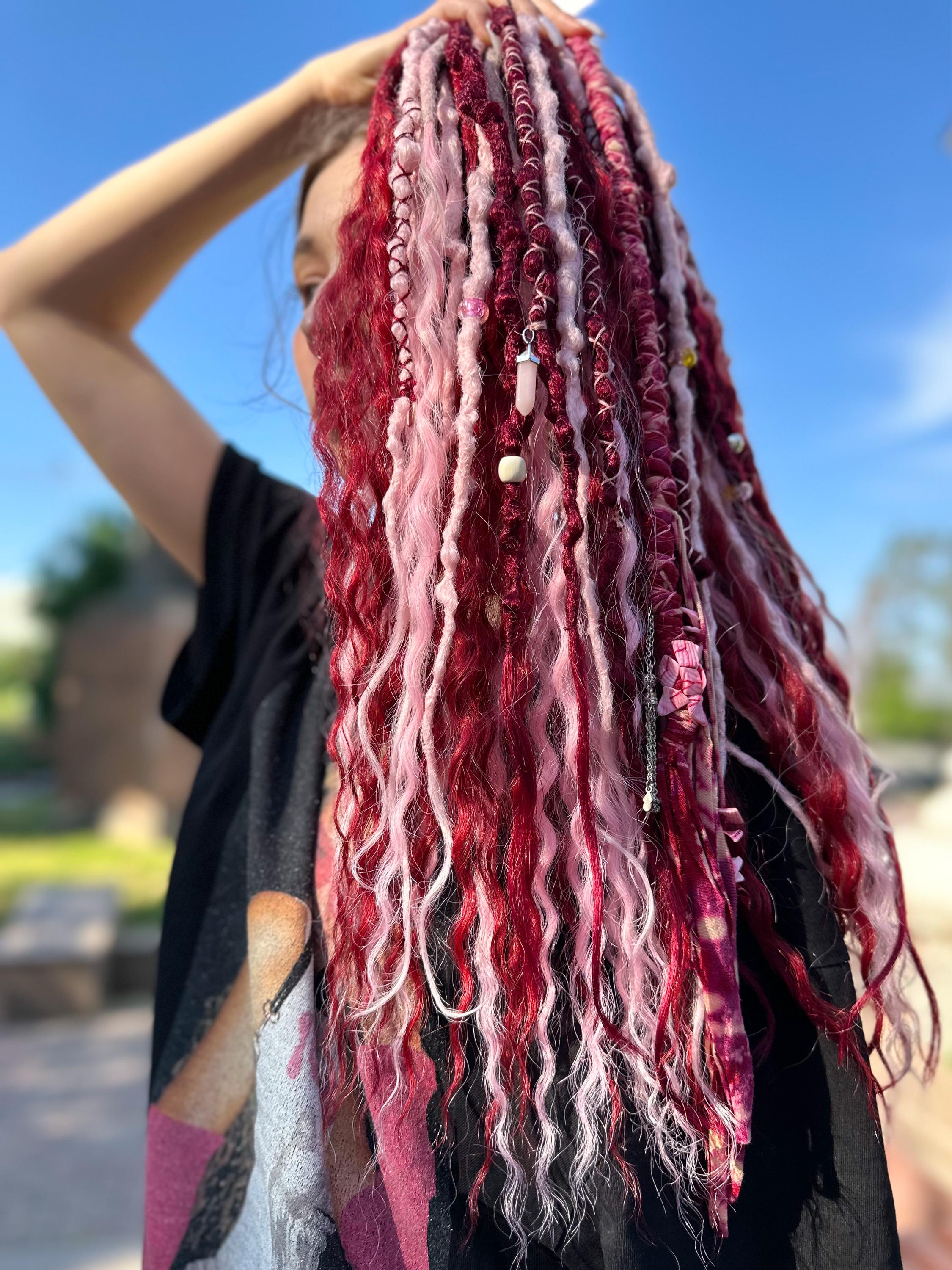 Gypsy Hair Braid Dread Candy Cane Colors Beads Stone Crystal Red White Pink Peachy Pink Mix Festival Curls - Temporary Dreadlocks  main image 3