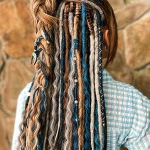 synthetic dreadlocks, Undine set, natural light brown, ash grey and blue dreads extensions with accessories, bohostyle, festival style