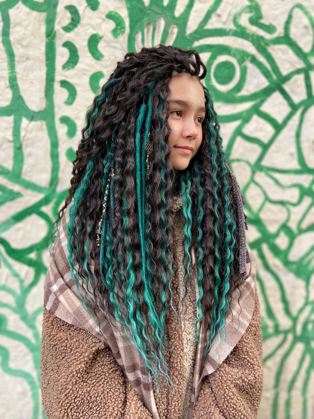 工芸品 Dread Emerald Green Synthetic Dreadlocks, Brown Boho Dreads With