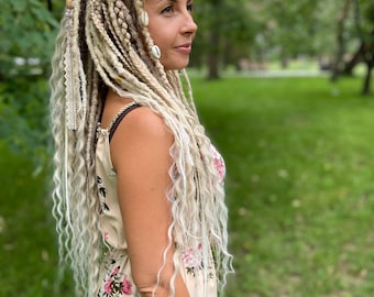 synthetic dreadlocks, Sandy Dunes set, Natural creamy blonde, white and ash blond dreads extensions with accessories, bohostyle, festival