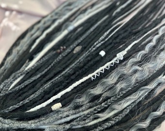 Synthetic Dreadlocks Set, Black, Grey, White, Boho Festival Hair Extensions