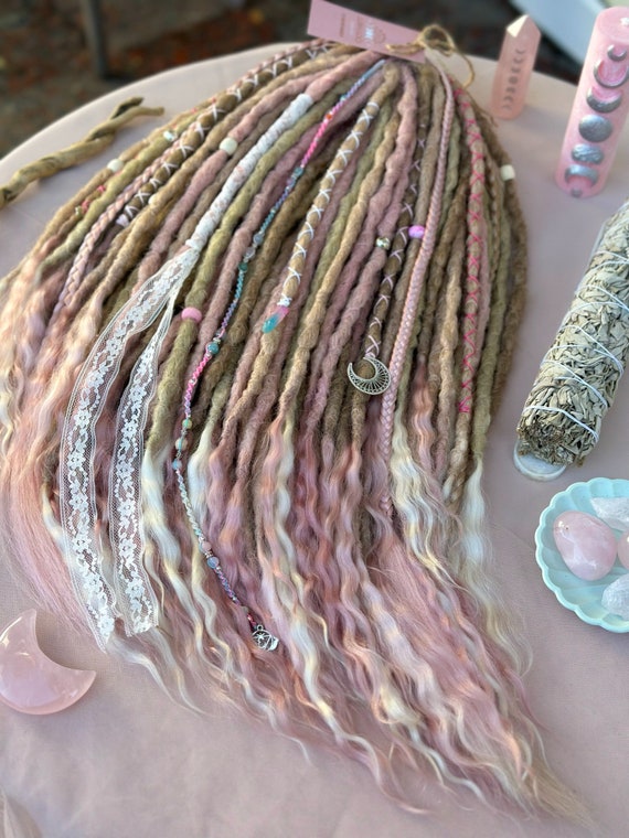 Boho Synthetic Dreadlocks Extensions, Goat Hair Ends, Pink 