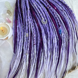 synthetic dreadlocks, MOON shine set, purple shade turns into a snow-white blond dreads extensions with accessories,bohostyle,festival style
