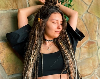 synthetic dreadlocks, goa magic set, natural brown and sun-bleached strands dreads extensions with accessories, bohostyle, festival style