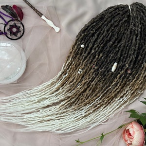 synthetic dreadlocks, Nomadic spirit set, dark brown shade turns into a white blond locs extensions with accessories,boho,festival style