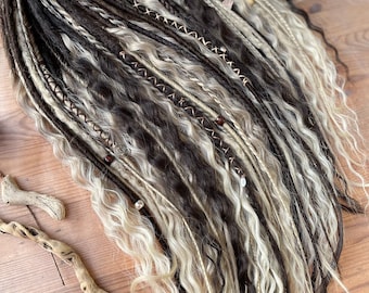 synthetic dreadlocks, Ananda set, Natural blond with dark brown strands dreads extensions with accessories, bohostyle, festival style