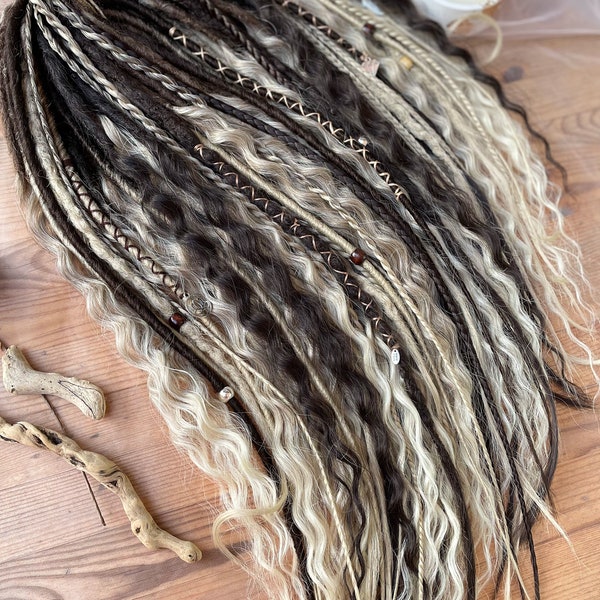 synthetic dreadlocks, Ananda set, Natural blond with dark brown strands dreads extensions with accessories, bohostyle, festival style
