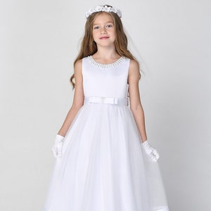 Girls White First Communion Dress w/ Satin Bodice (717) Flower Girl