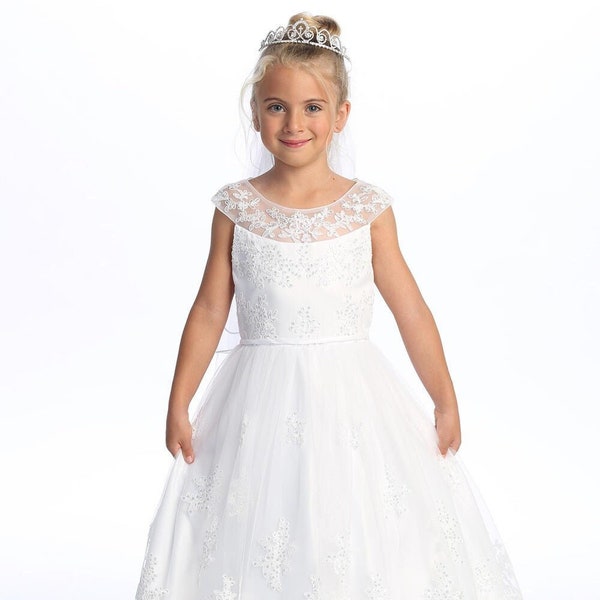 Girls White First Communion Dress w/ Embroidered Tulle & Sequins (725)