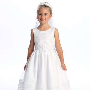 Girls White First Communion Dress w/ Corded Embroidered Tulle & Sequins (210)