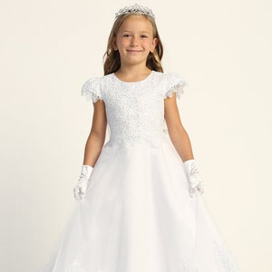 Girls White First Communion Dress w/ Embroidered Tulle & Sequins (724)