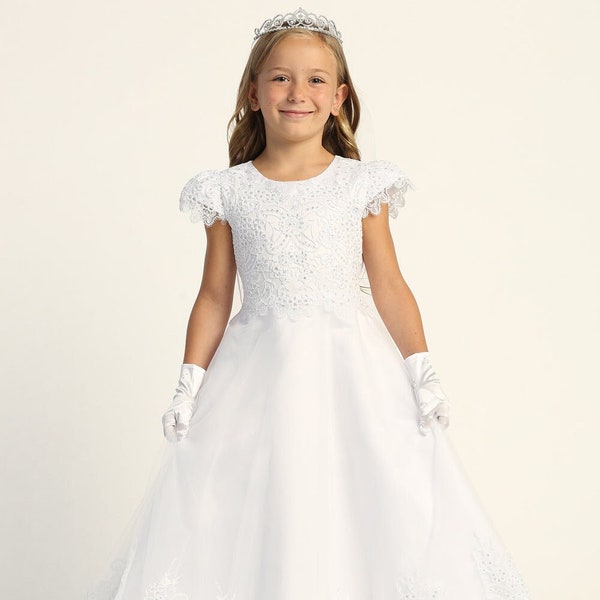 Girls White First Communion Dress w/ Embroidered Tulle & Sequins (724)