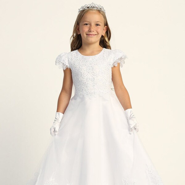 743 Girls White Communion Dress w/ Embroidered Tulle & Sequins & Pearls (NEW) main image 1