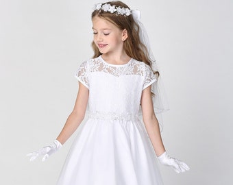 Girls White First Communion Dress w/ Lace Bodice & Tulle Skirt (190)