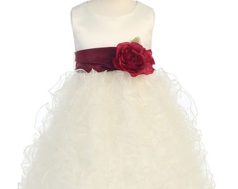 Ivory Flower Girl Dress w/ Detachable Flower & Choice of Sash Color - Made in USA