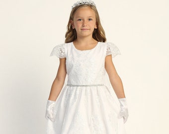 Girls White First Communion Dress w/ Corded Tulle & Sequins (207)