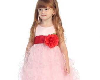 Pink Flower Girl Dress w/ Detachable Flower & Choice of Sash Color - Made in USA