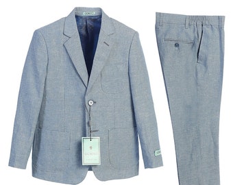 Boys Blue Linen Suit Jacket & Pants for Ring Bearers, Weddings, Formal