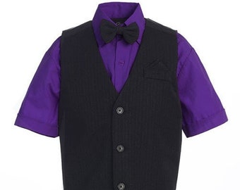 New Boys 4 Piece Suit - Pinstripe Black Vest & Shorts, Purple Shirt, Bowtie - Wedding, Communion, Formal, Ring Bearer, Recital, Baptism