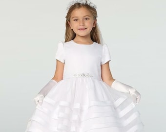 Girls White First Communion Dress, Satin Bodice w/ Organza Skirt (708)