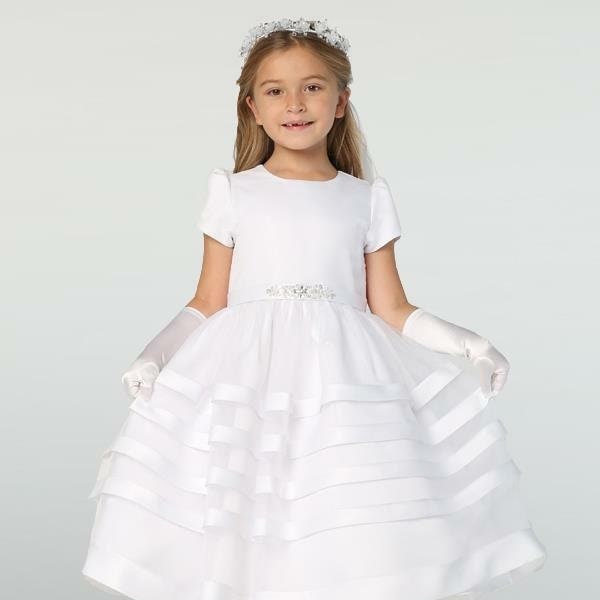 Girls White First Communion Dress, Satin Bodice w/ Organza Skirt (708)