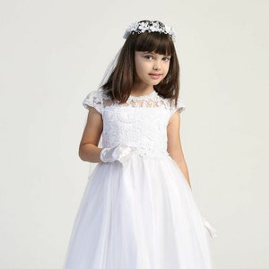 Girls White First Communion Dress w/ Embroidered Lace on Tulle (712)