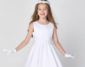 Girls White Satin First Communion Dress w/ Crystal Organza Skirt (199)