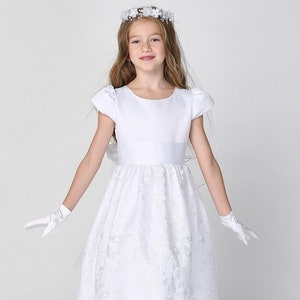 Girls White First Communion Dress w/ Satin Tulle & Sequins (186)