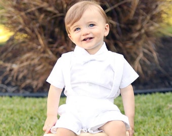 Baby Boys Baptism & Christening Outfit w/ Shorts, Suspenders, White - Blake/850/Maverick