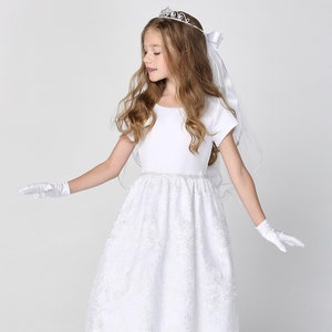 Girls White First Communion Dress Embroidered Tulle w/ Sequins (195)