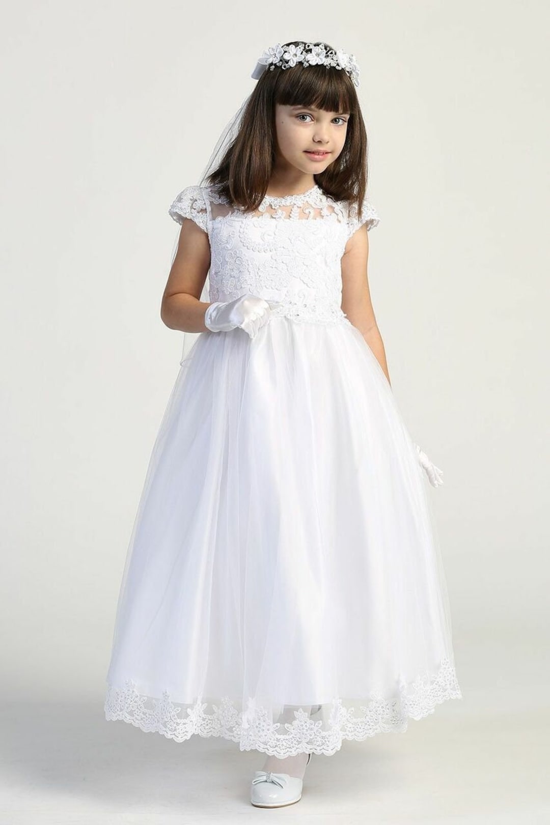 Girls White First Communion Dress W/ Embroidered Lace on Tulle 712 Etsy