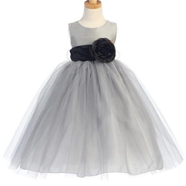 Silver Flower Girl Dress w/ Detachable Flower & Choice of Sash Color - Made in USA