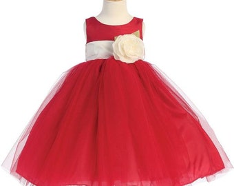 Red Flower Girl Dress w/ Detachable Flower & Choice of Sash Color - Made in USA