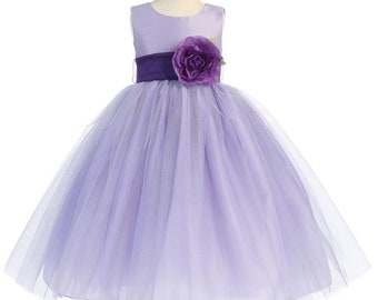 Lilac Flower Girl Dress w/ Detachable Flower & Choice of Sash Color - Made in USA